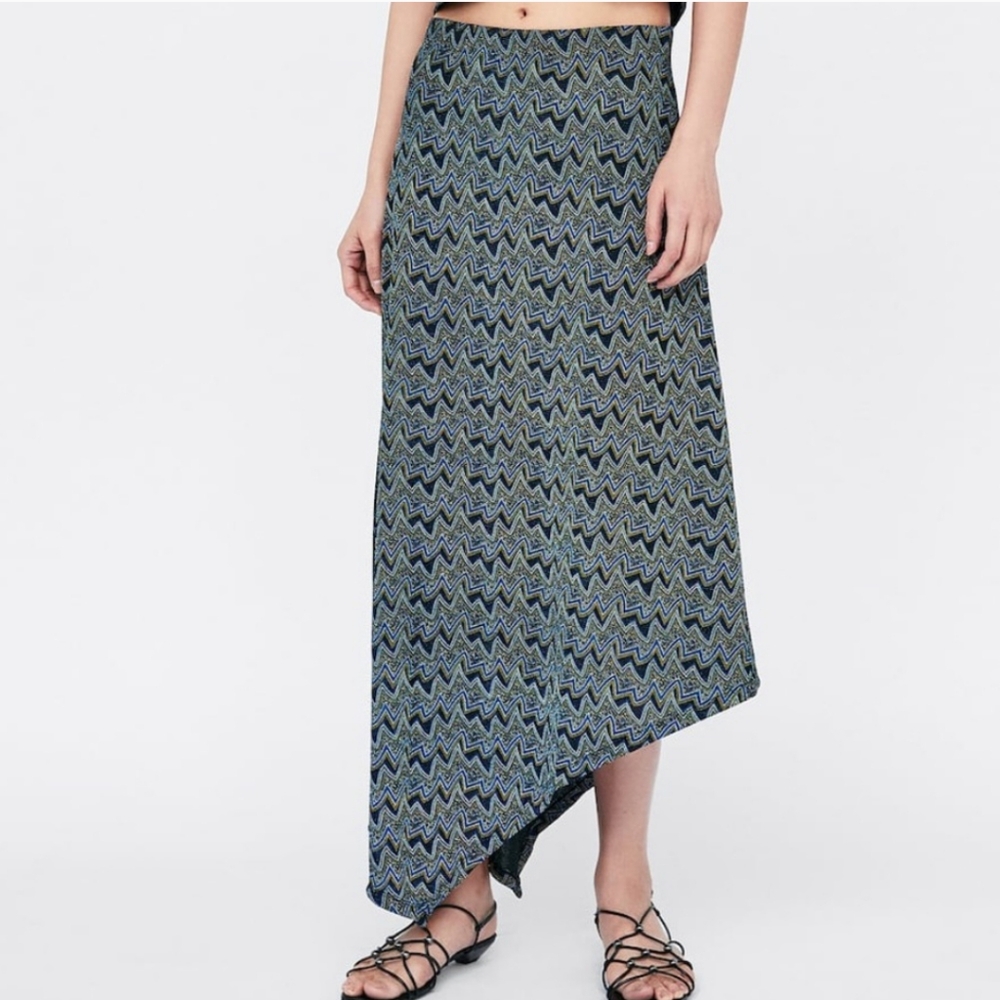 Waist 16" Stretchy Zara Navy and Gold metallic dots Asymmetrical Maxi Skirt
